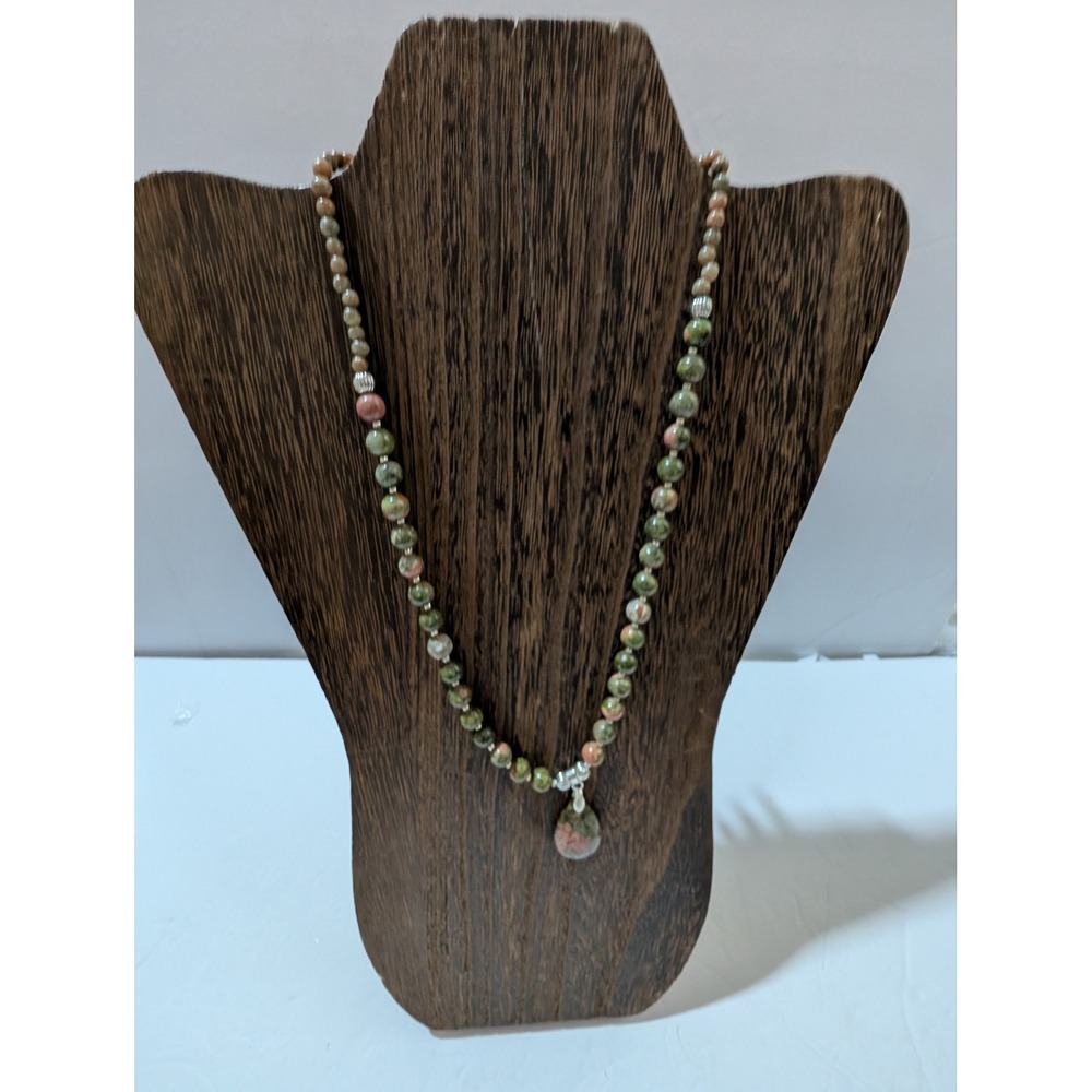 Unakite Gemstone Beaded Necklace and Earring Set Green Pink Boho Jewelry